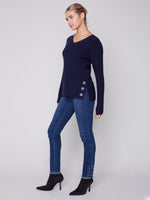 Charlie B Fall 2023-C2569-464A- V Neck Sweater/Grommets-Navy - The Coach Pyramids