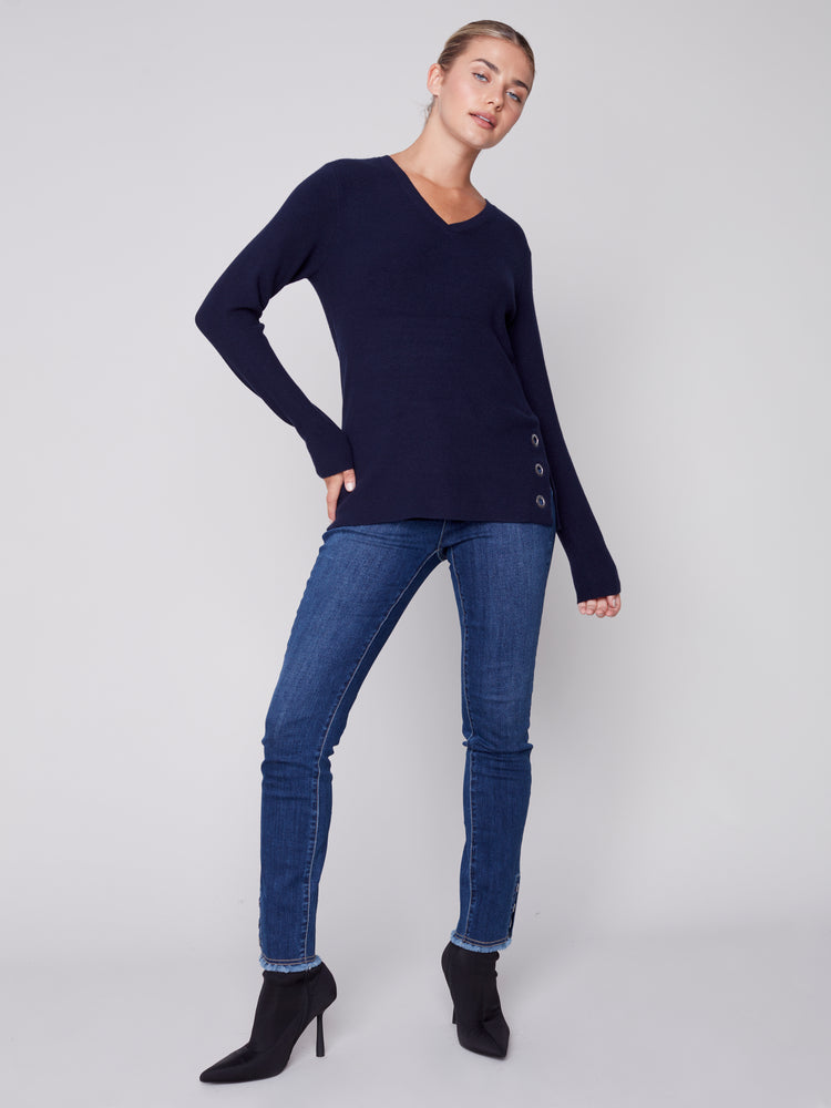 Charlie B Fall 2023-C2569-464A- V Neck Sweater/Grommets-Navy - The Coach Pyramids