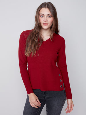 Charlie B Fall 2023-C2569-464A-V Neck  Sweater-Ruby - The Coach Pyramids