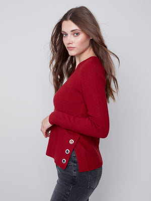 Charlie B Fall 2023-C2569-464A-V Neck  Sweater-Ruby - The Coach Pyramids