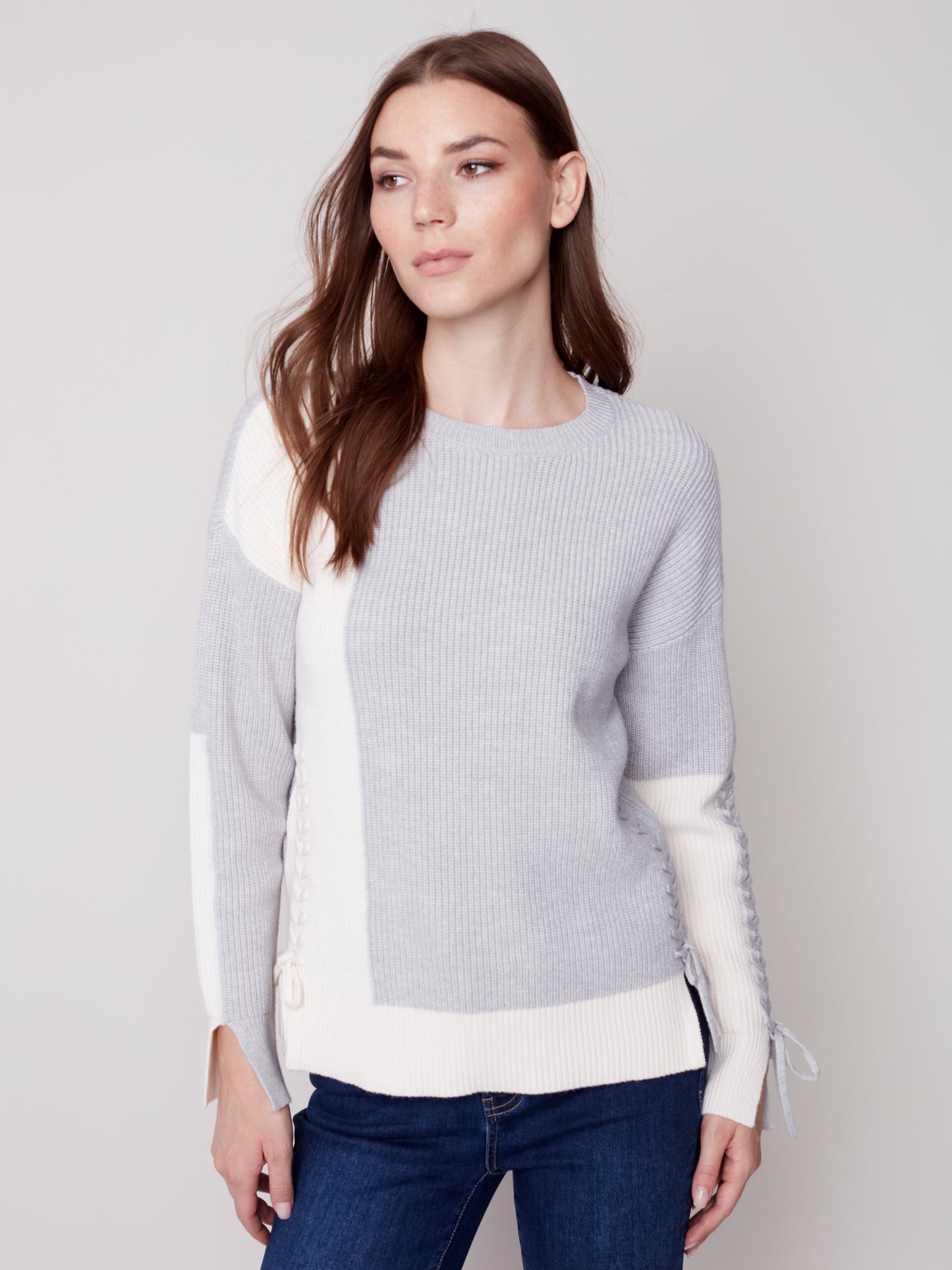 Charlie B Fall 2023-C2573-670B- Sweater/Lacing -H-Grey - The Coach Pyramids