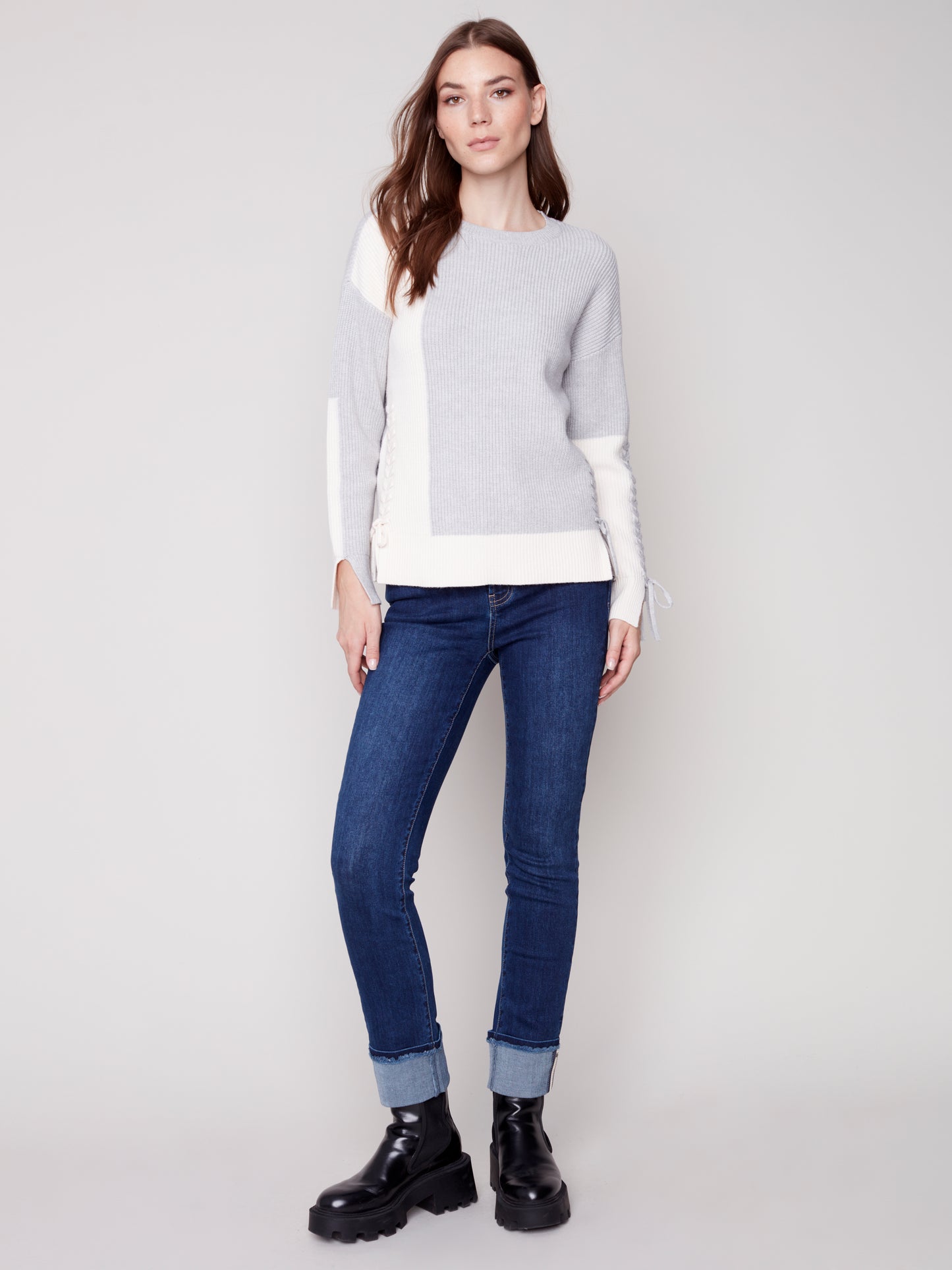 Charlie B Fall 2023-C2573-670B- Sweater/Lacing -H-Grey - The Coach Pyramids