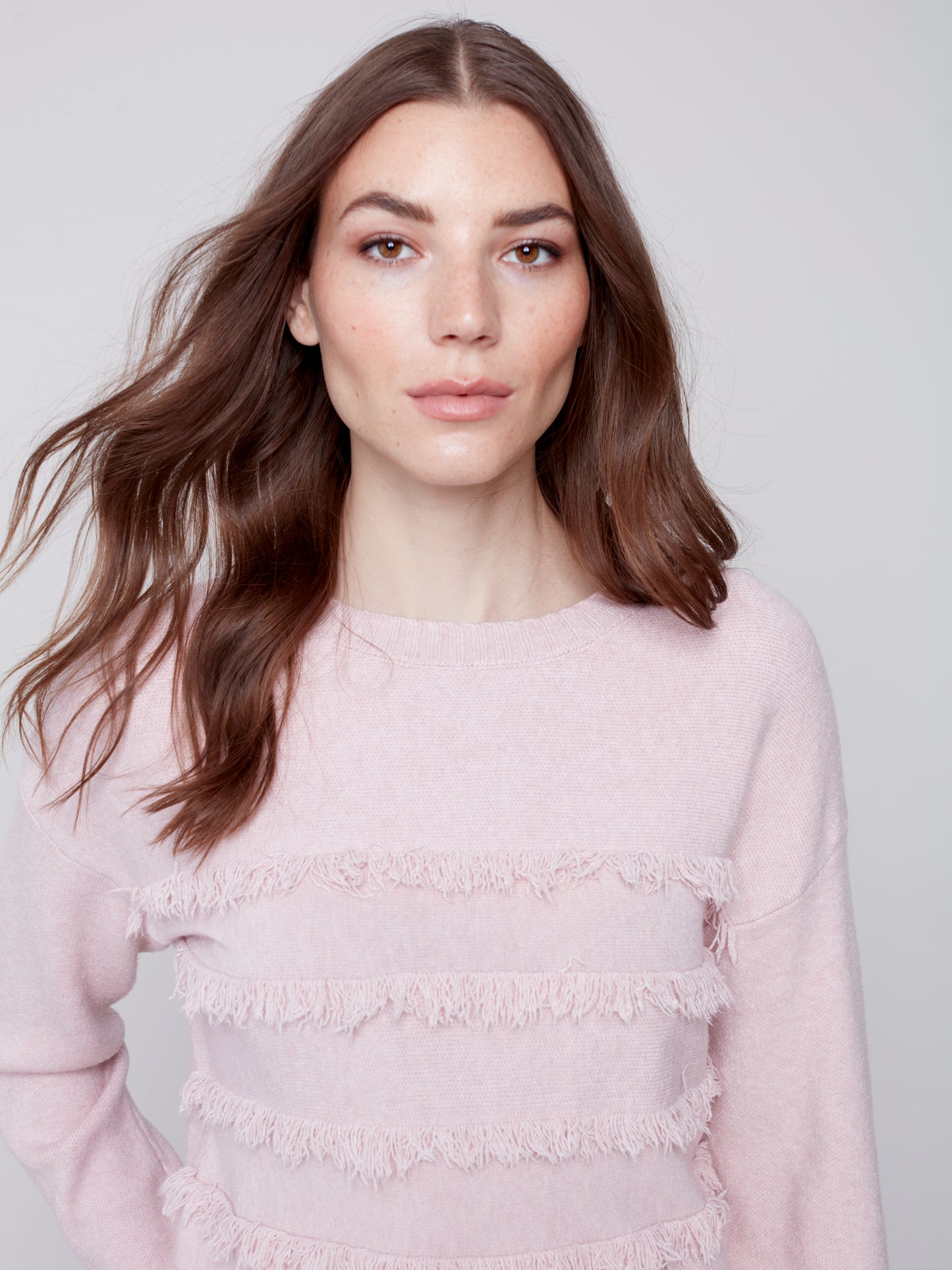 Charlie B Fall 2023-C2583-736A-Frayed  Sweater -Powder - The Coach Pyramids