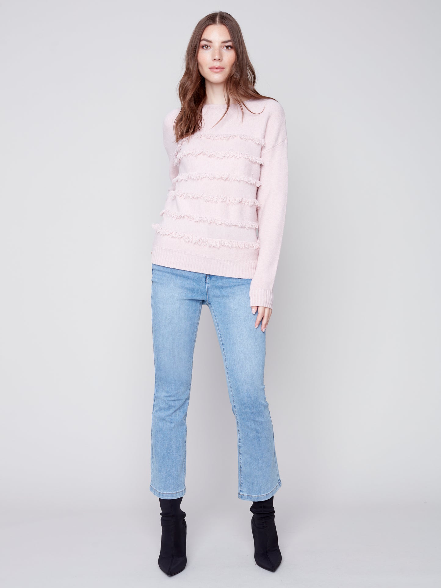 Charlie B Fall 2023-C2583-736A-Frayed  Sweater -Powder - The Coach Pyramids