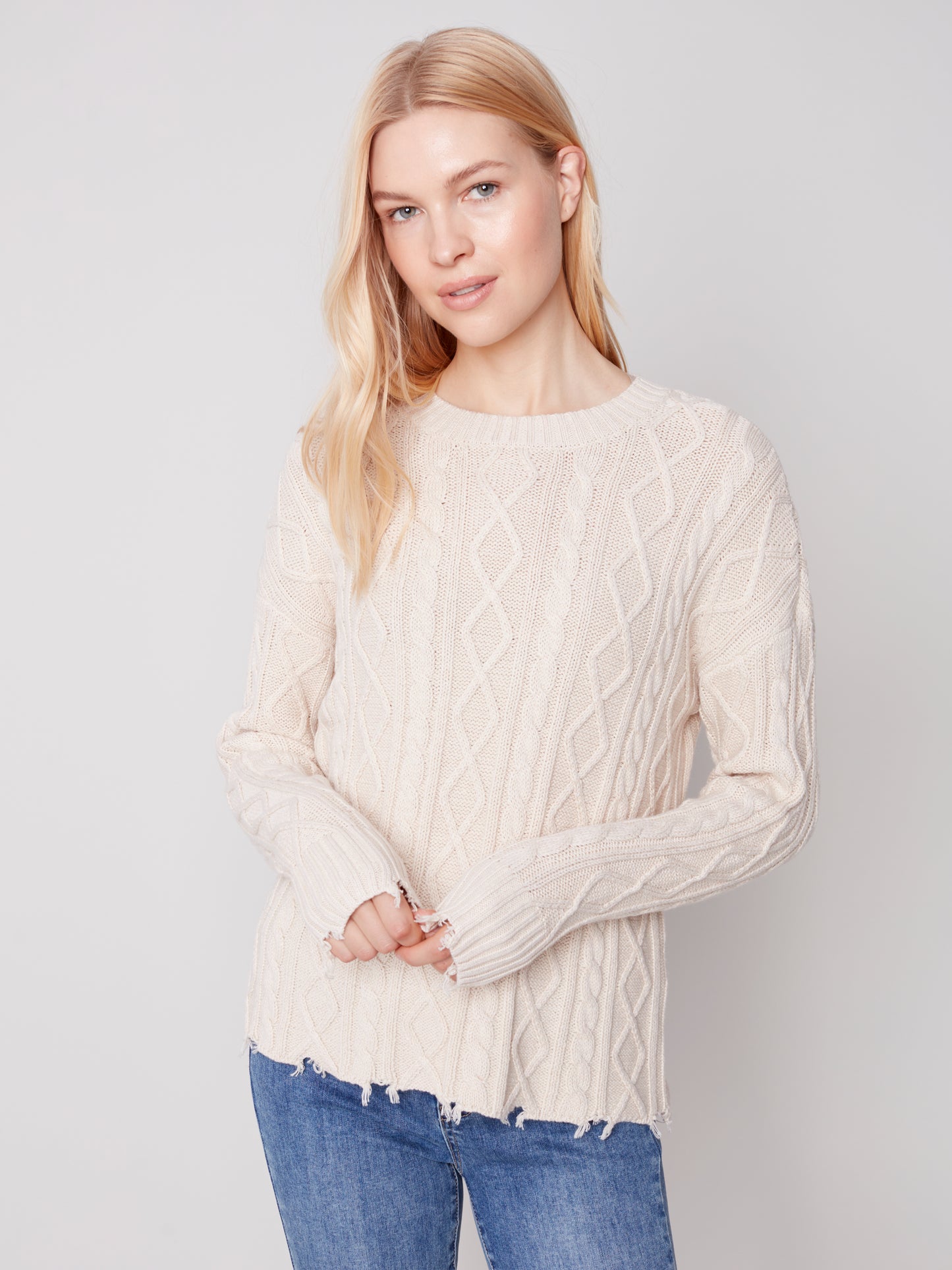 Charlie B Fall 2023-C2587-711B-Cable Sweater-Ecru - The Coach Pyramids