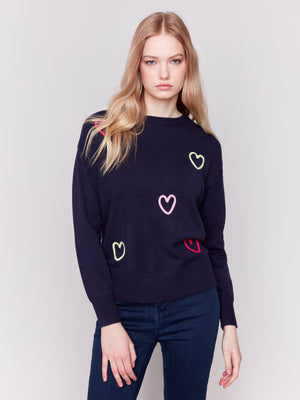 Charlie B Fall 2024-C2605R-P117-Embroidered Hearts Sweater-Navy