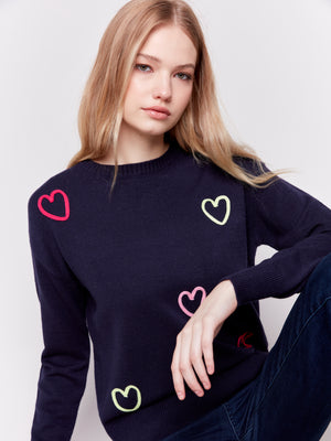 Charlie B Fall 2024-C2605R-P117-Embroidered Hearts Sweater-Navy