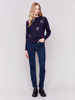 Charlie B Fall 2024-C2605R-P117-Embroidered Hearts Sweater-Navy