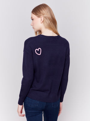 Charlie B Fall 2024-C2605R-P117-Embroidered Hearts Sweater-Navy