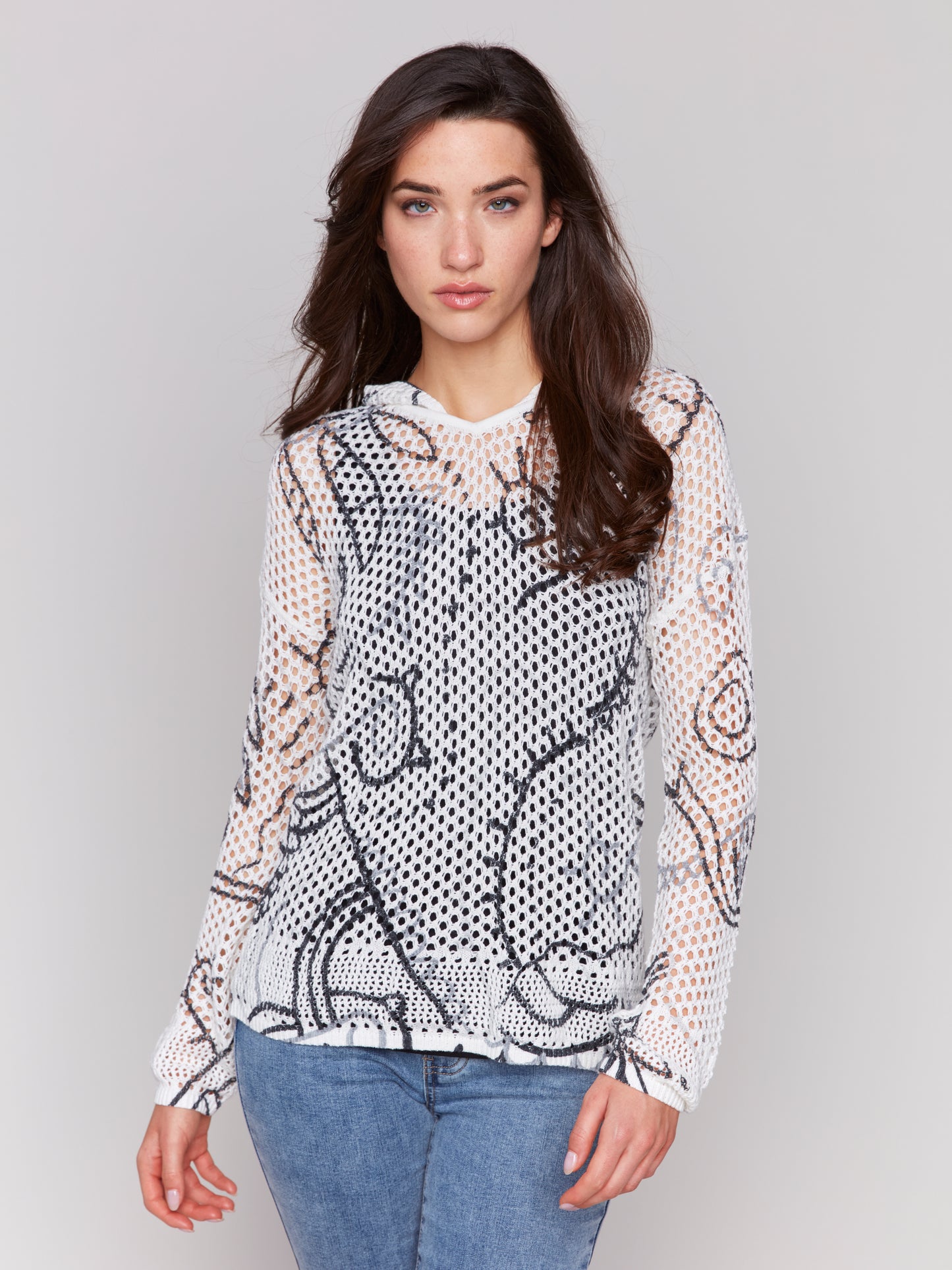 Charlie B Spring/Summer 2025-C2615PR-P048-Printed Crochet Hoodie Sweater-Pepper - The Coach Pyramids