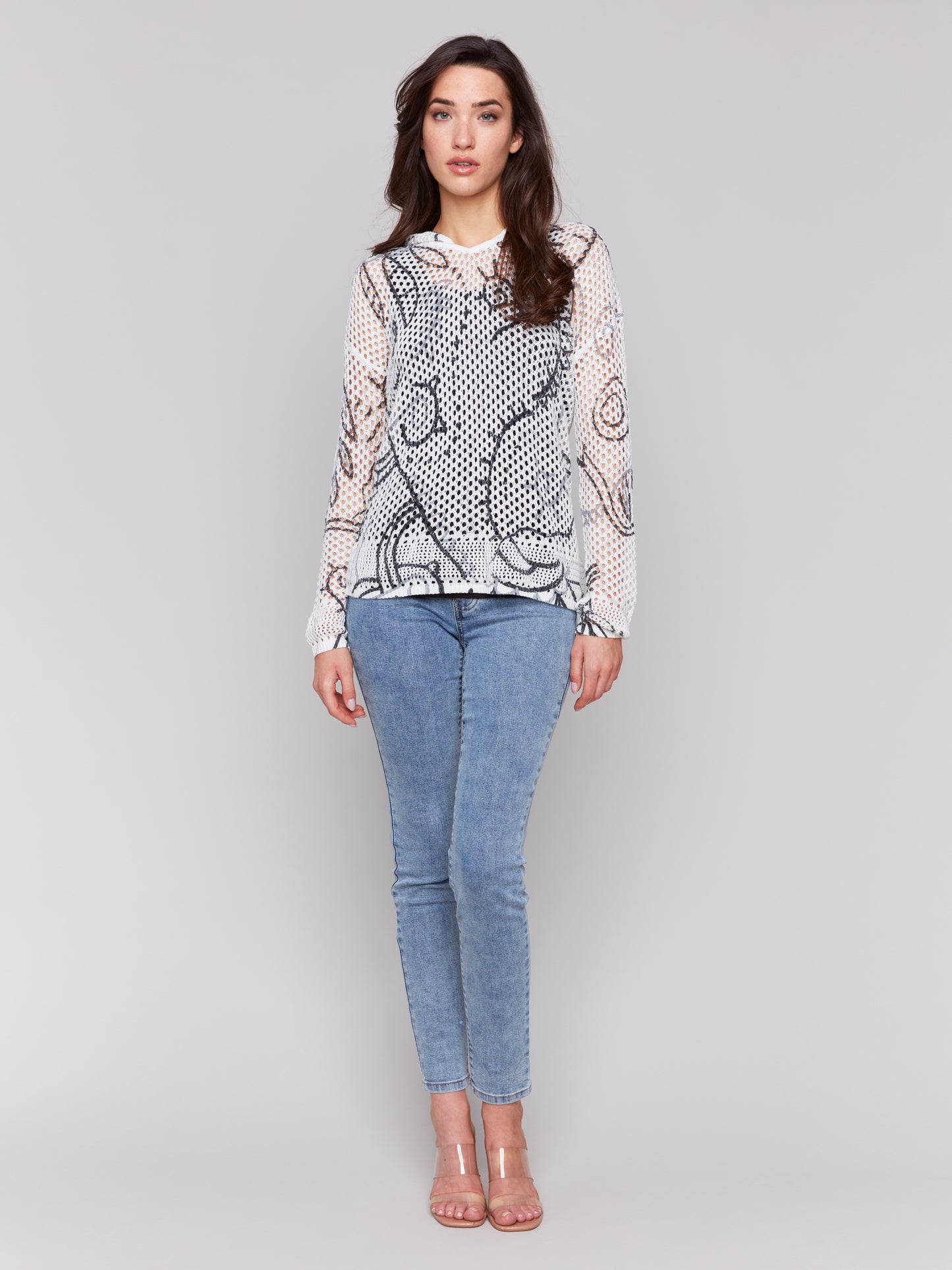 Charlie B Spring/Summer 2025-C2615PR-P048-Printed Crochet Hoodie Sweater-Pepper - The Coach Pyramids