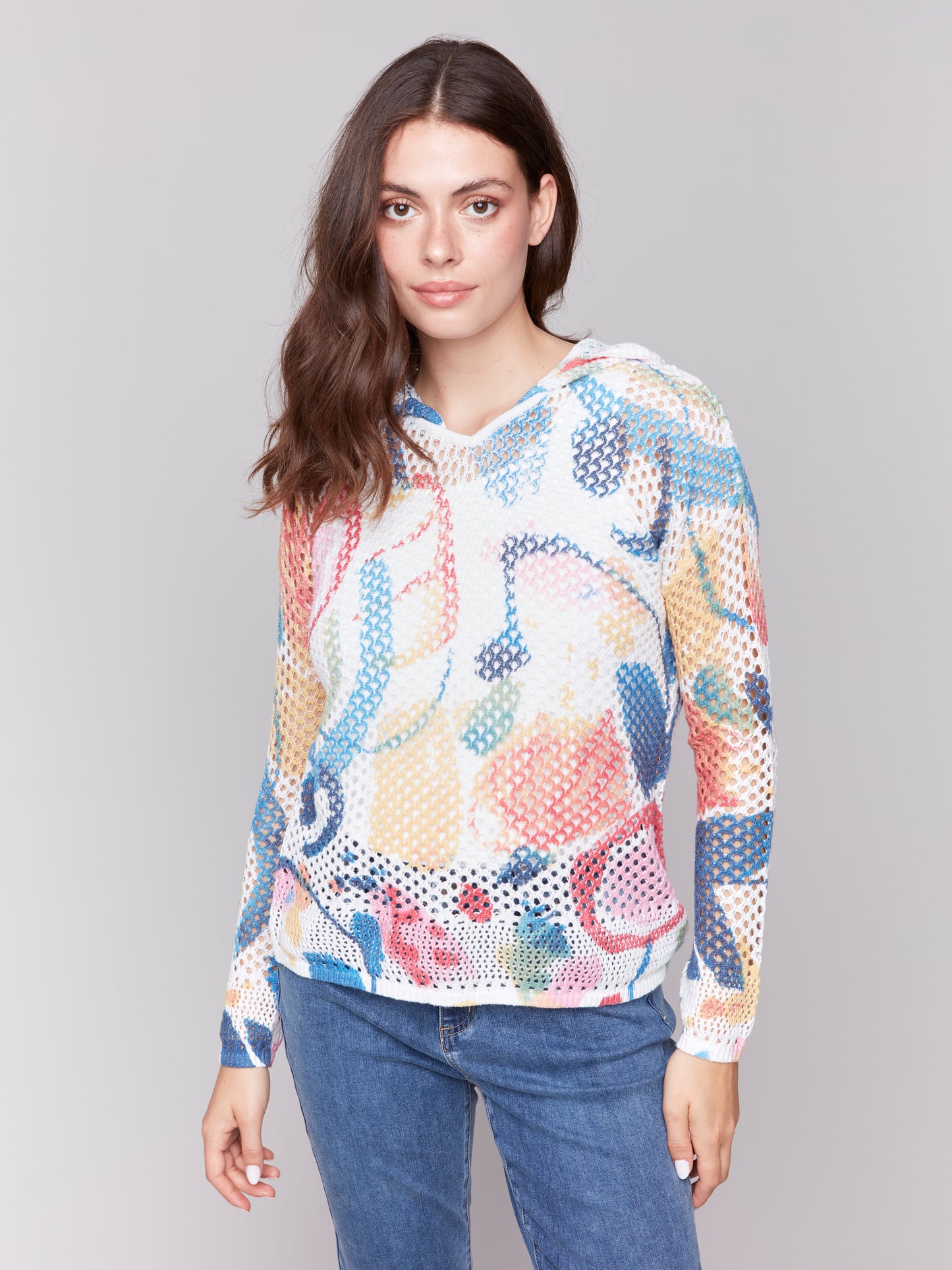 Charlie B Spring/Summer 2025-C2615PR-P468-Printed Crochet Hoodie Sweater-Abstract - The Coach Pyramids