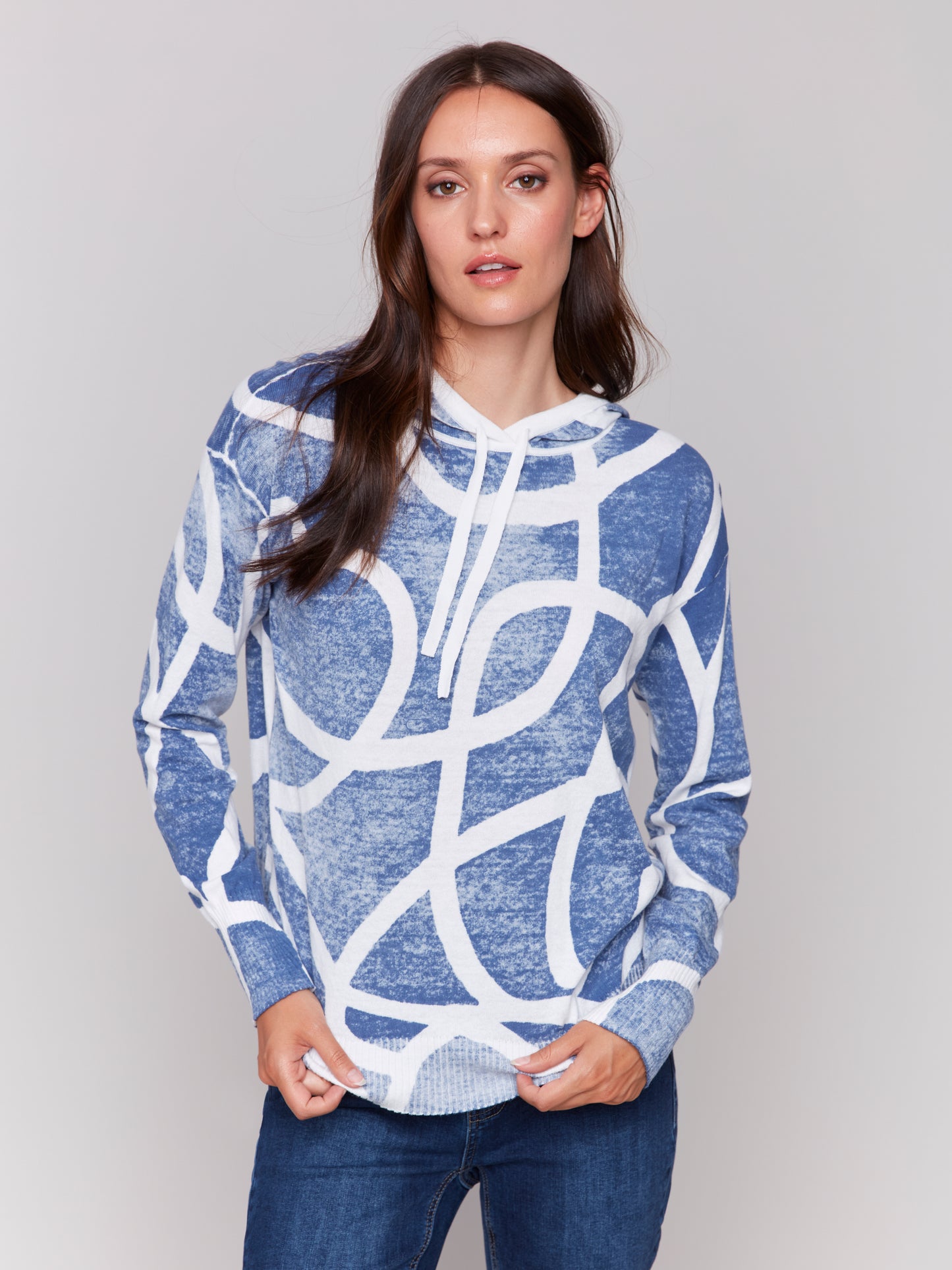 Charlie B Spring/Summer 2025-C2616R-P006-Reverse Printed Hoodie Sweater-Denim - The Coach Pyramids