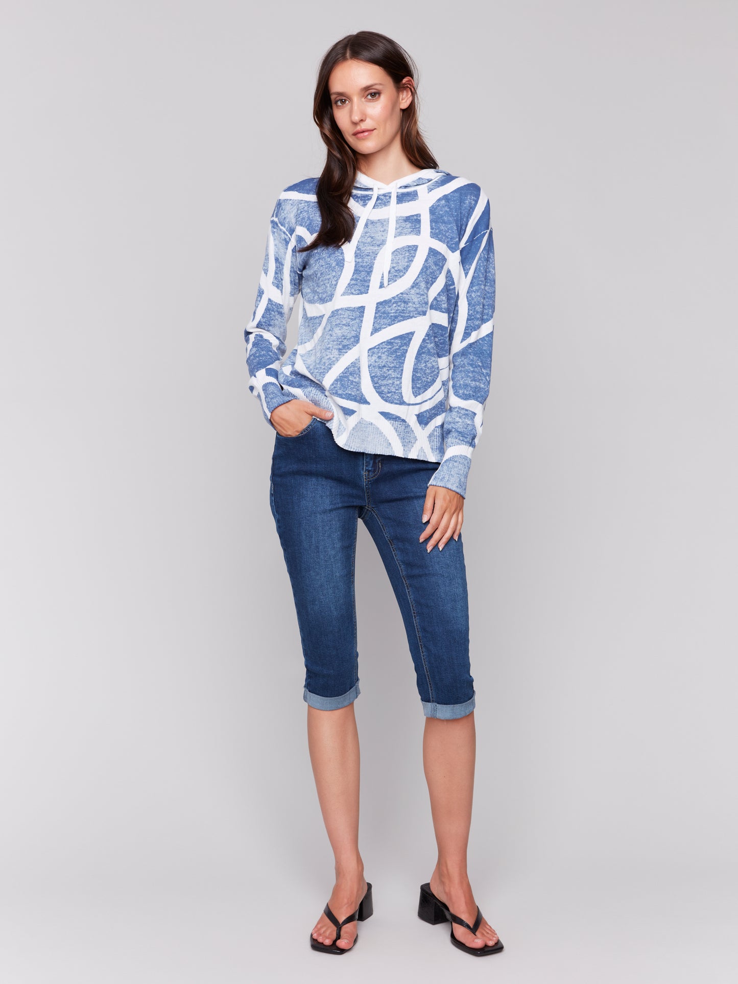 Charlie B Spring/Summer 2025-C2616R-P006-Reverse Printed Hoodie Sweater-Denim - The Coach Pyramids