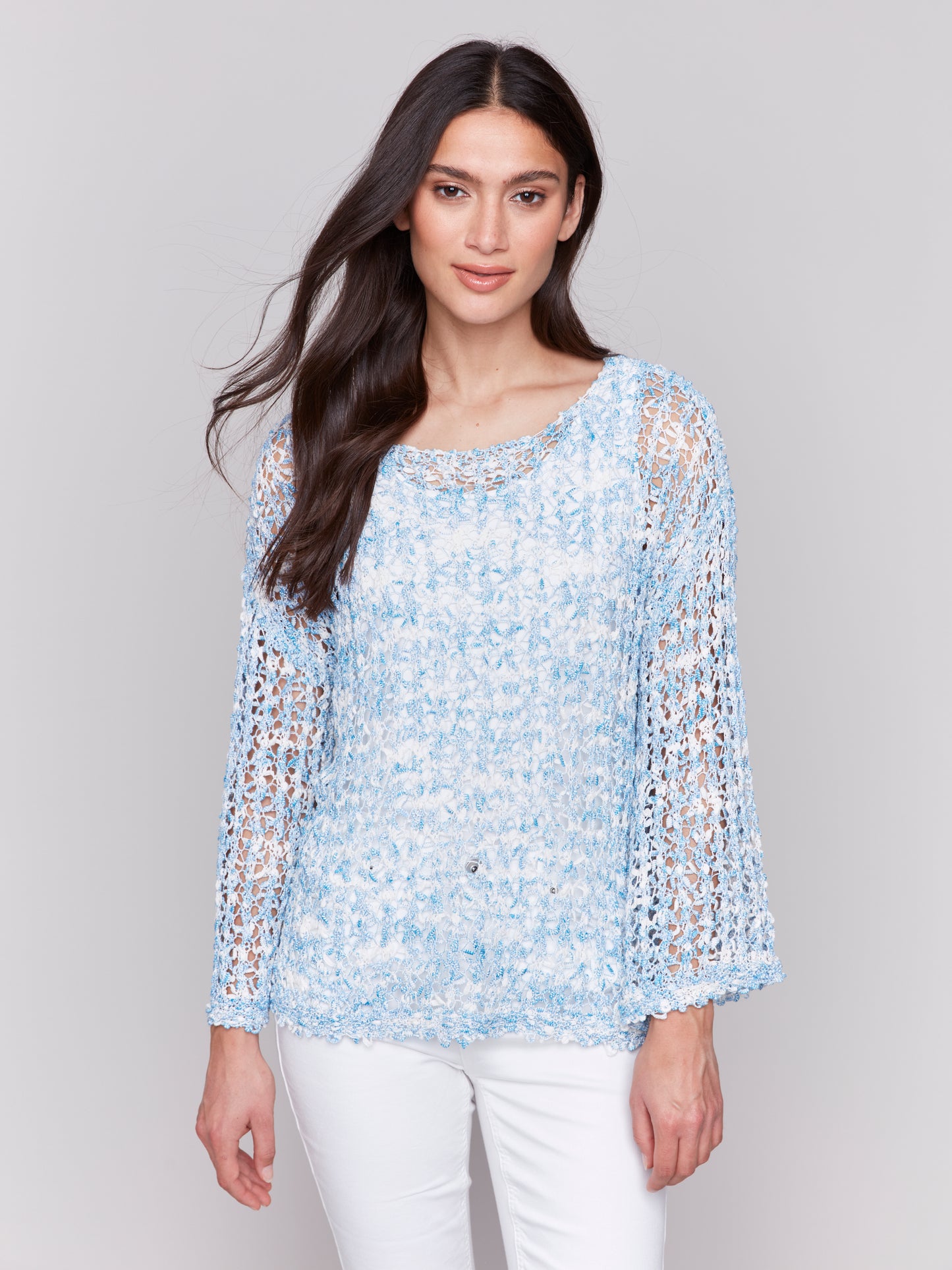 Charlie B Spring/Summer 2025-C2617R-262C-Tape Yarn Sweater-Blue Bell - The Coach Pyramids