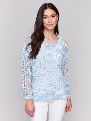 Charlie B Spring/Summer 2025-C2617R-262C-Tape Yarn Sweater-Blue Bell