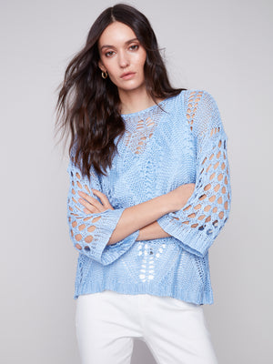 Charlie B Spring/Summer 2024-C2622-797B-Crochet Sweater-Sky - The Coach Pyramids