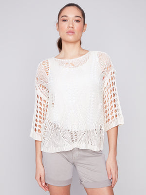 Charlie B Spring/Summer 2024-C2622-797B-Crochet Sweater-Natural - The Coach Pyramids