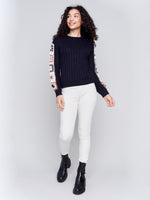 Charlie B Fall 2024-C2623-117-Crochet Sleeve Sweater-Navy