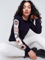 Charlie B Fall 2024-C2623-117-Crochet Sleeve Sweater-Navy