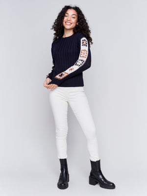 Charlie B Fall 2024-C2623-117-Crochet Sleeve Sweater-Navy