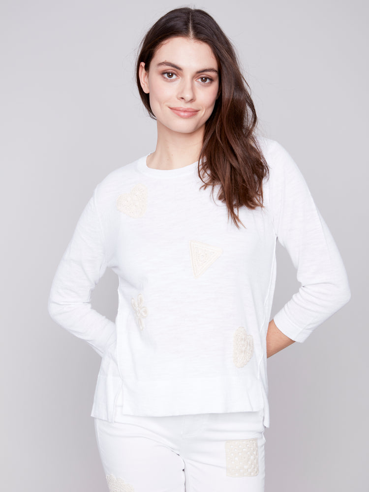 Charlie B Spring/Summer 2024-C2634-261B-Sweater W/Crochet Patches-Natural - The Coach Pyramids