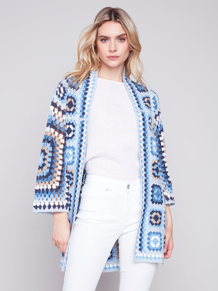 Charlie B Spring/Summer 2024-C2635-833B-Long Crochet Cardigan -Denim - The Coach Pyramids