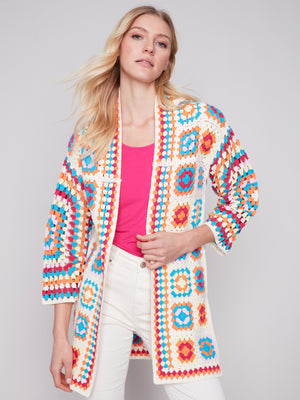 Charlie B Spring/Summer 2024-C2635-833B-Long Crochet Cardigan -Punch - The Coach Pyramids