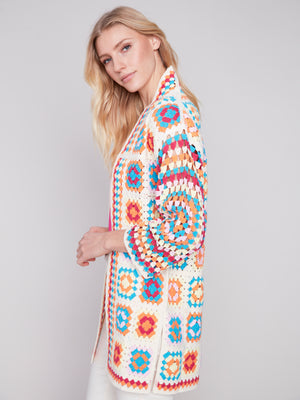 Charlie B Spring/Summer 2024-C2635-833B-Long Crochet Cardigan -Punch - The Coach Pyramids