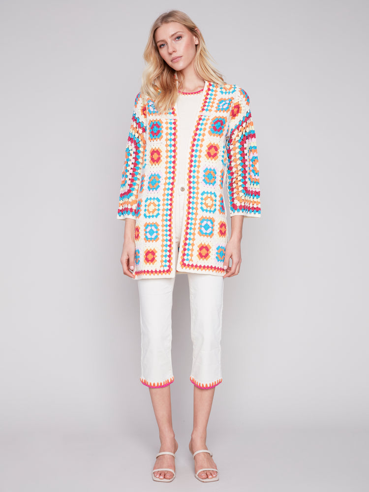 Charlie B Spring/Summer 2024-C2635-833B-Long Crochet Cardigan -Punch - The Coach Pyramids