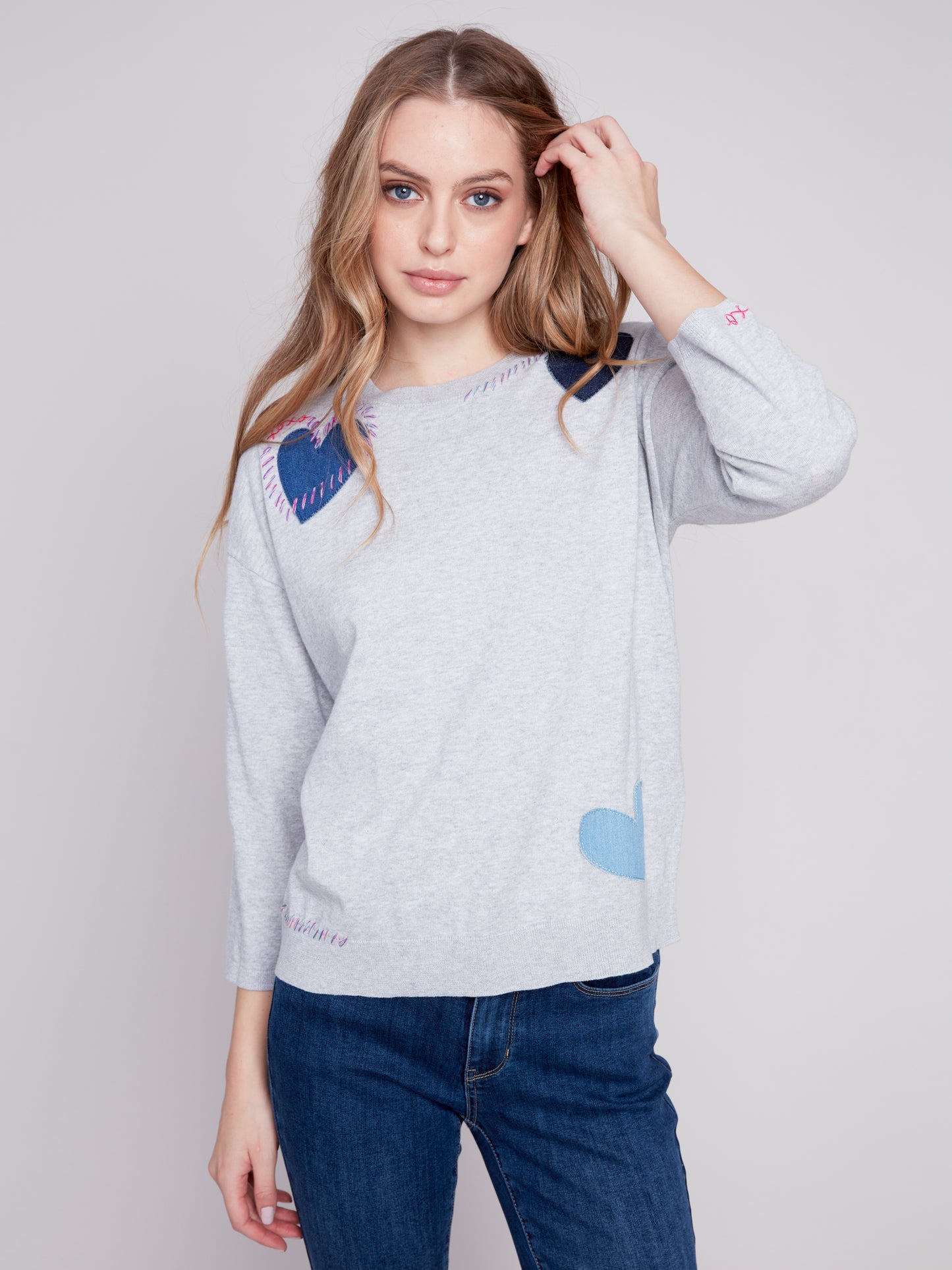 Charlie B Spring/Summer 2024-C2643-261B-Sweater W/Hearts-H Grey - The Coach Pyramids