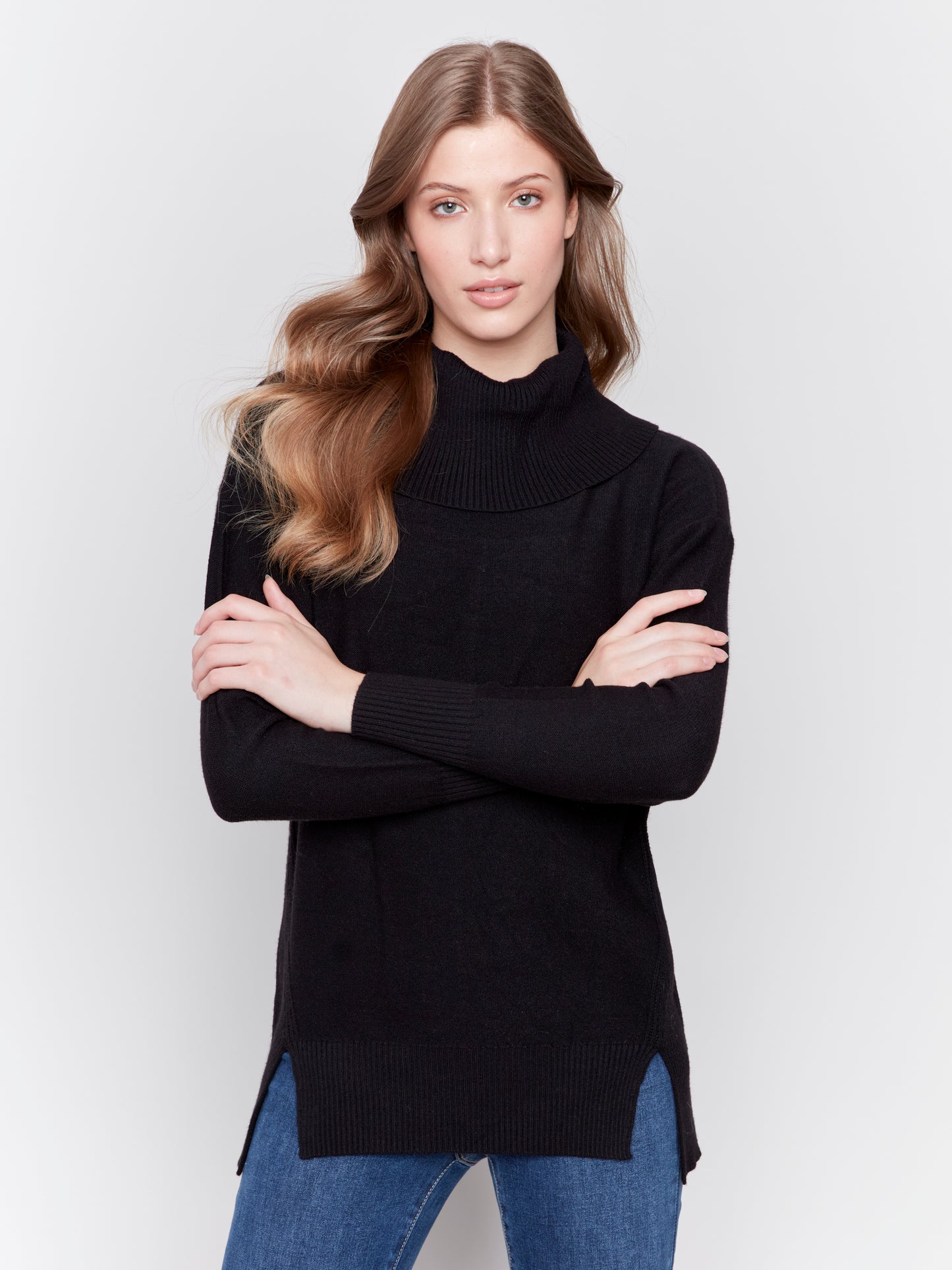 Charlie B Fall 2024-C2659-001-Long Cowl Neck Tunic Sweater-Black - The Coach Pyramids