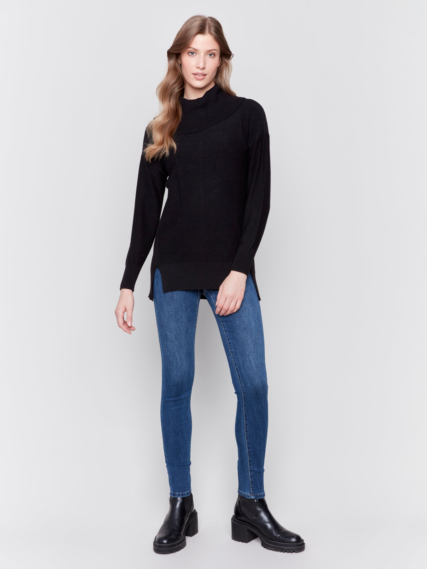Charlie B Fall 2024-C2659-001-Long Cowl Neck Tunic Sweater-Black - The Coach Pyramids