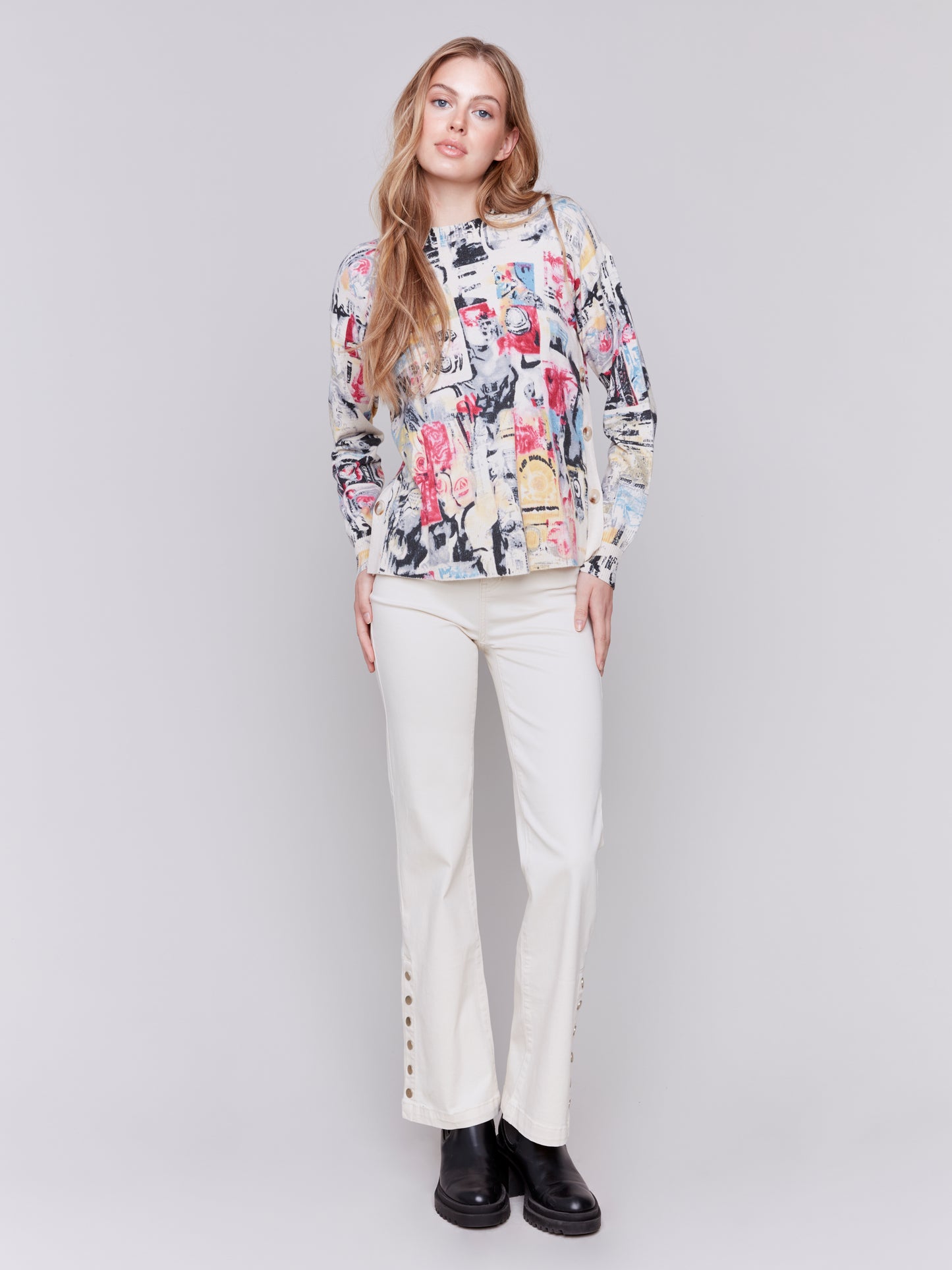 Charlie B Fall 2024-C2668P-P684-Sweater W/Side Button-Cartoon - The Coach Pyramids