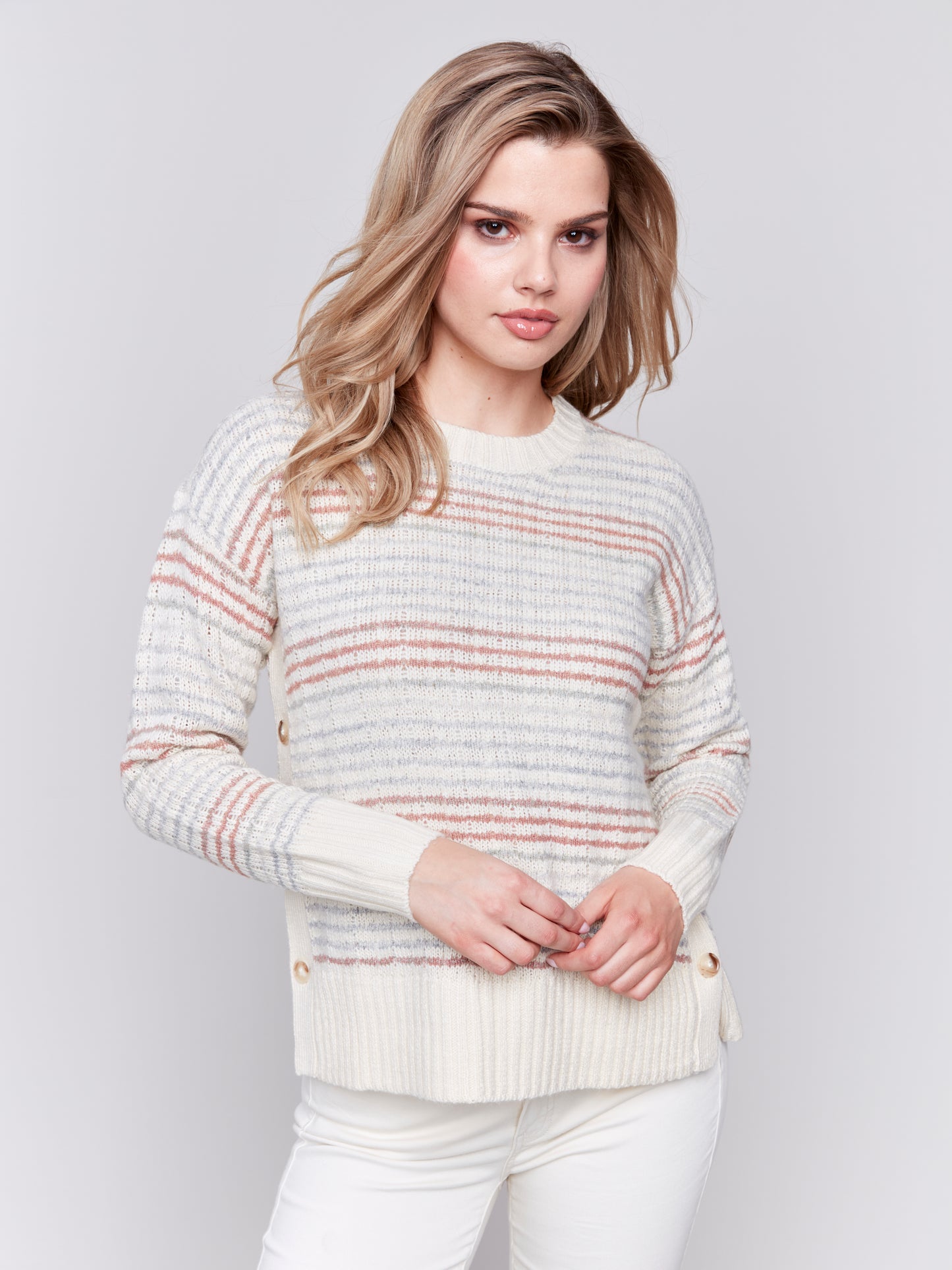 Charlie B Fall 2024-C2668-P276-Stripes Sweater W/Side Button-Ecru - The Coach Pyramids