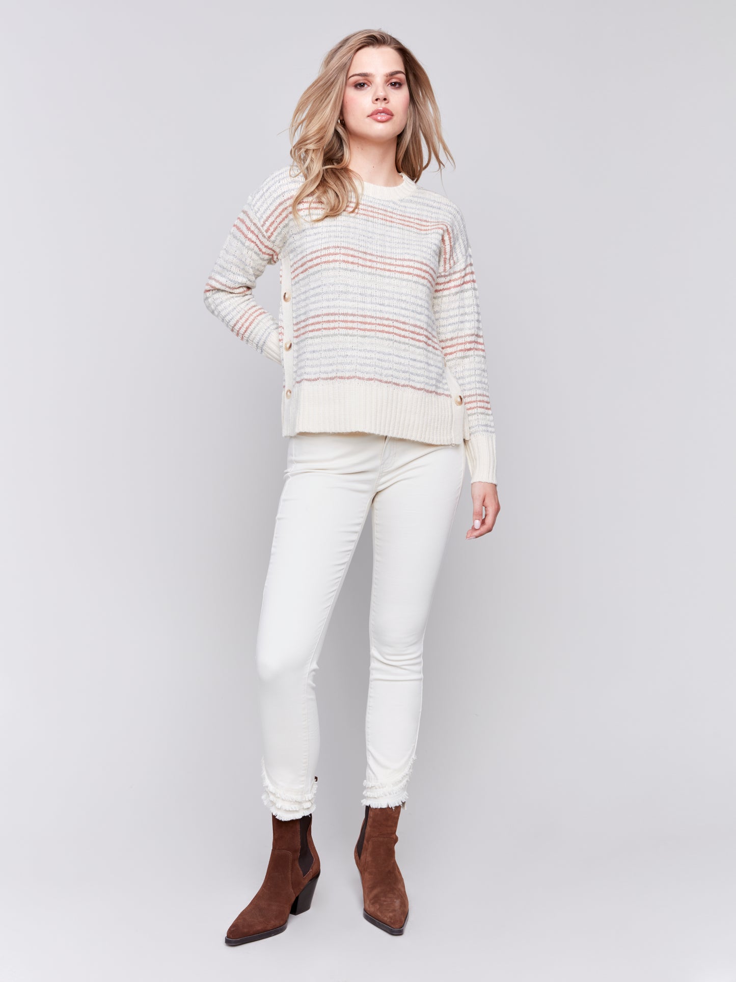 Charlie B Fall 2024-C2668-P276-Stripes Sweater W/Side Button-Ecru - The Coach Pyramids