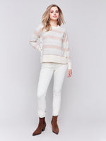 Charlie B Fall 2024-C2668-P276-Stripes Sweater W/Side Button-Ecru