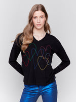 Charlie B Fall 2024-C2679-001-Heart Stitch V Neck Sweater-Black