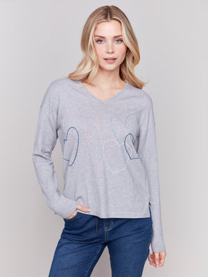 Charlie B Fall 2024-C2679-008-Heart Stitch V Neck Sweater-H-Grey