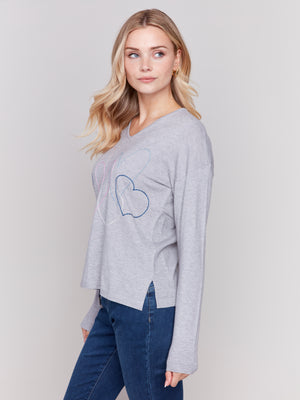 Charlie B Fall 2024-C2679-008-Heart Stitch V Neck Sweater-H-Grey