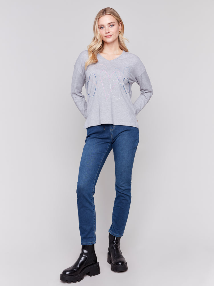 Charlie B Fall 2024-C2679-008-Heart Stitch V Neck Sweater-H-Grey