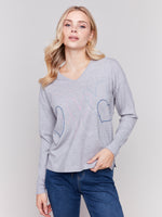 Charlie B Fall 2024-C2679-008-Heart Stitch V Neck Sweater-H-Grey