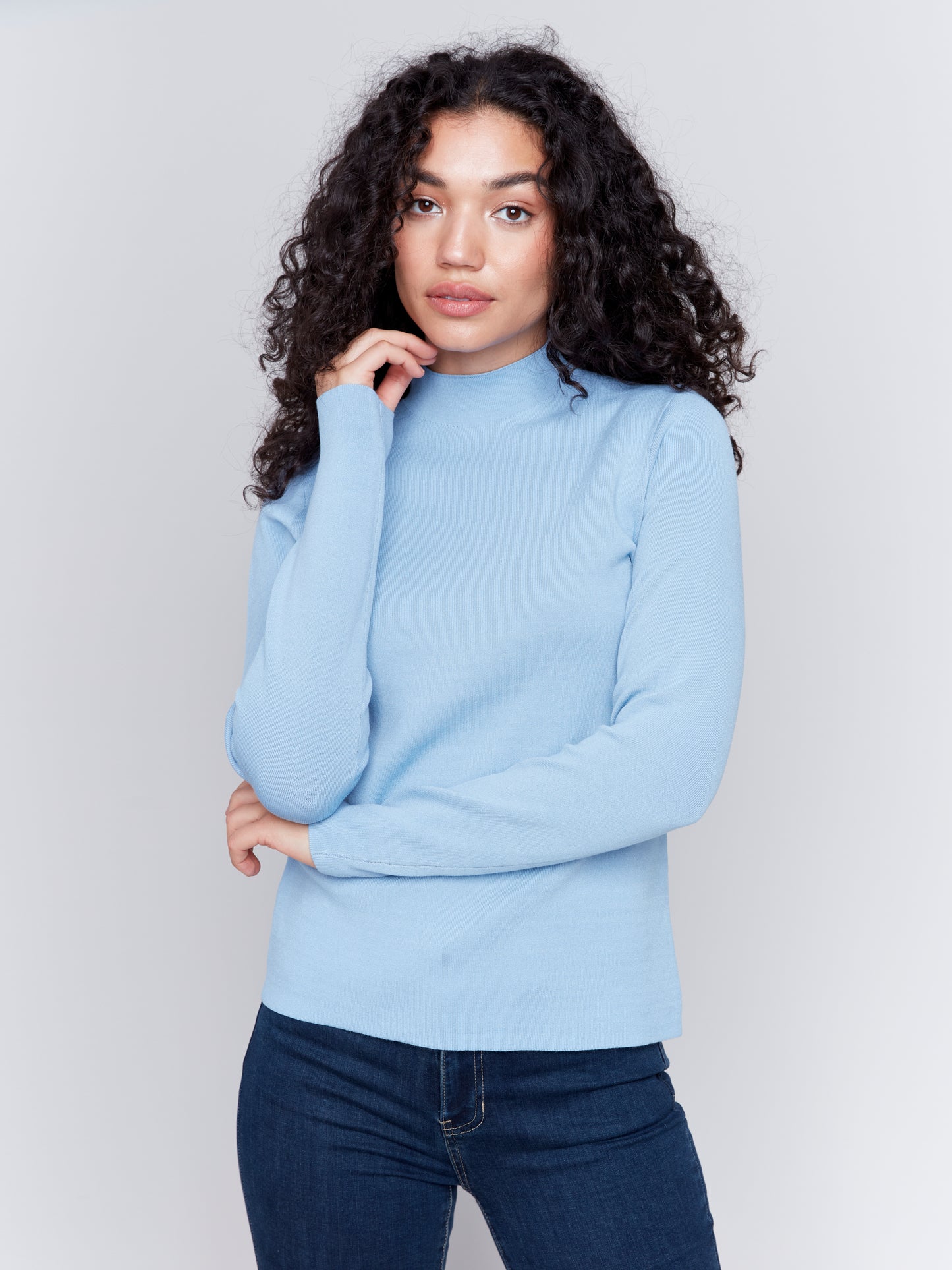 Charlie B Fall 2024-C2681-656-Reversible Jacquard Mock Neck Sweater-H-Frost - The Coach Pyramids
