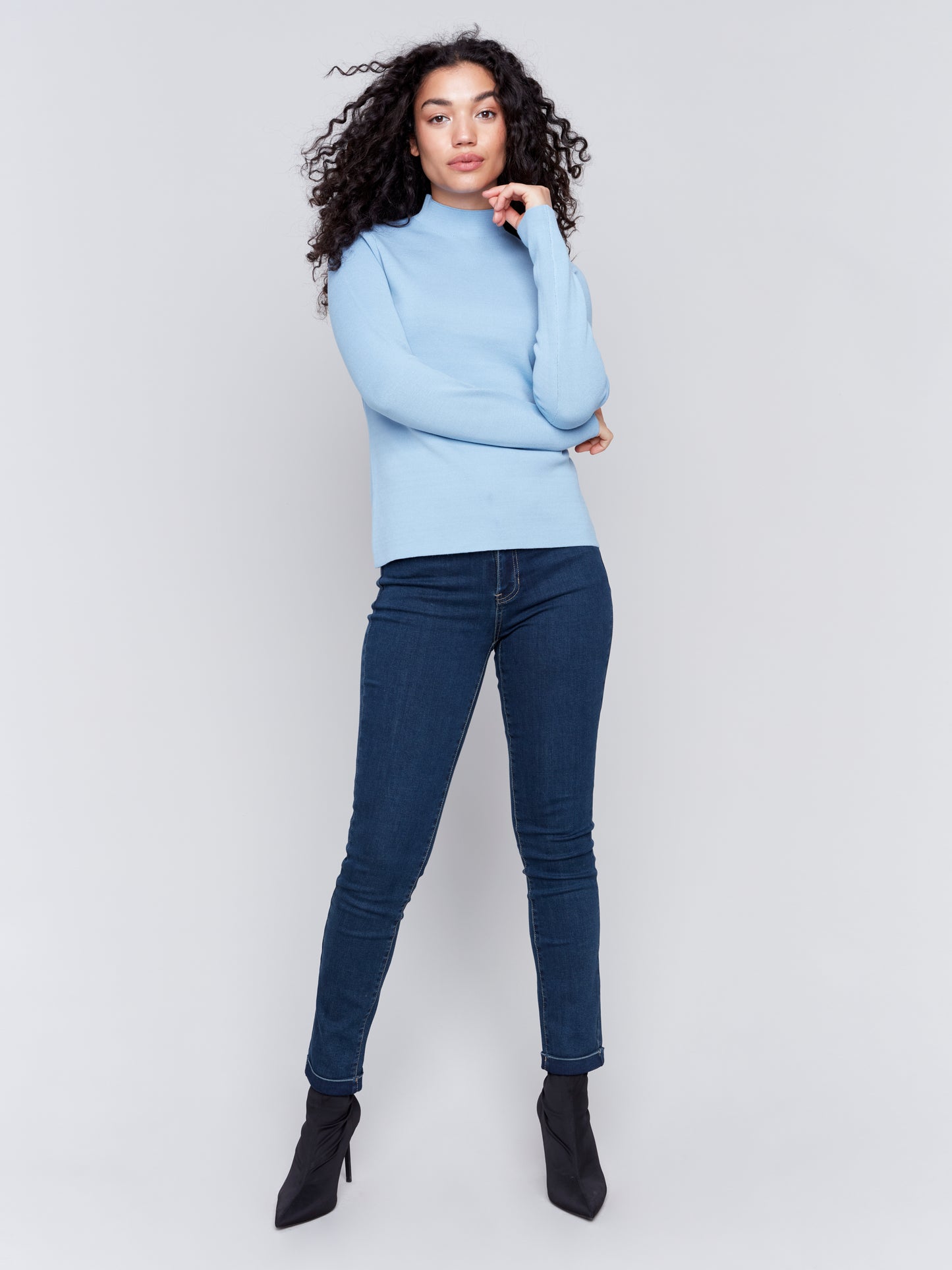 Charlie B Fall 2024-C2681-656-Reversible Jacquard Mock Neck Sweater-H-Frost - The Coach Pyramids