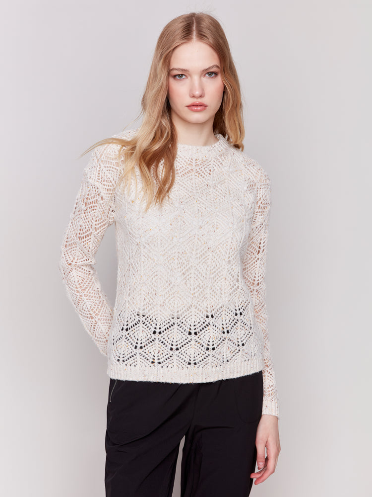 Charlie B Fall 2024-C2682-371-Crochet Knit Sweater-Oatmeal