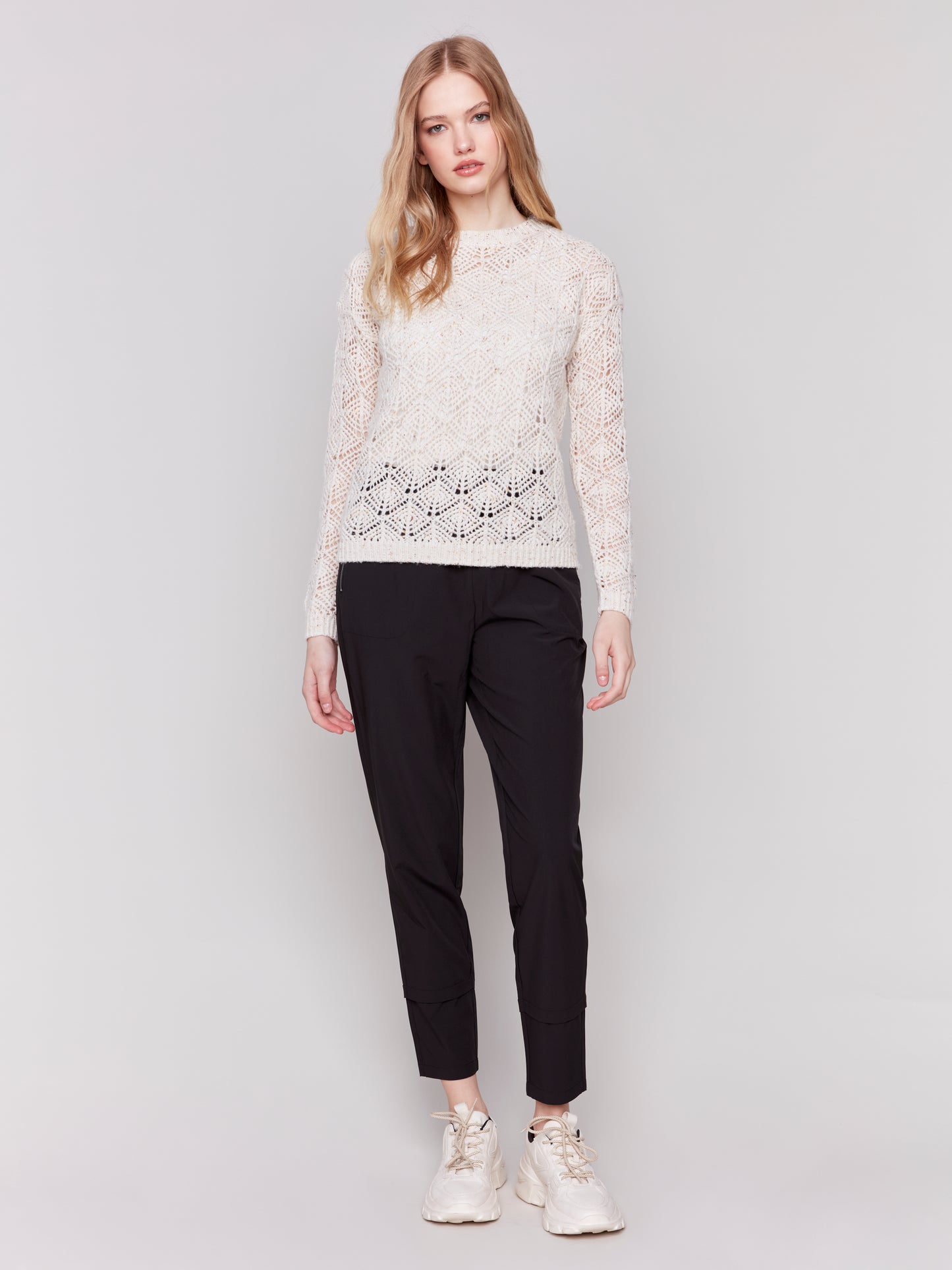 Charlie B Fall 2024-C2682-371-Crochet Knit Sweater-Oatmeal - The Coach Pyramids