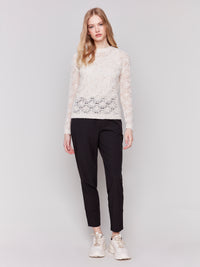 Charlie B Fall 2024-C2682-371-Crochet Knit Sweater-Oatmeal - The Coach Pyramids
