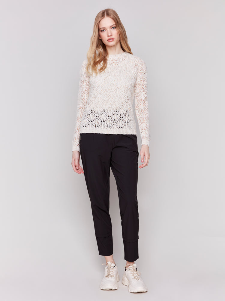 Charlie B Fall 2024-C2682-371-Crochet Knit Sweater-Oatmeal