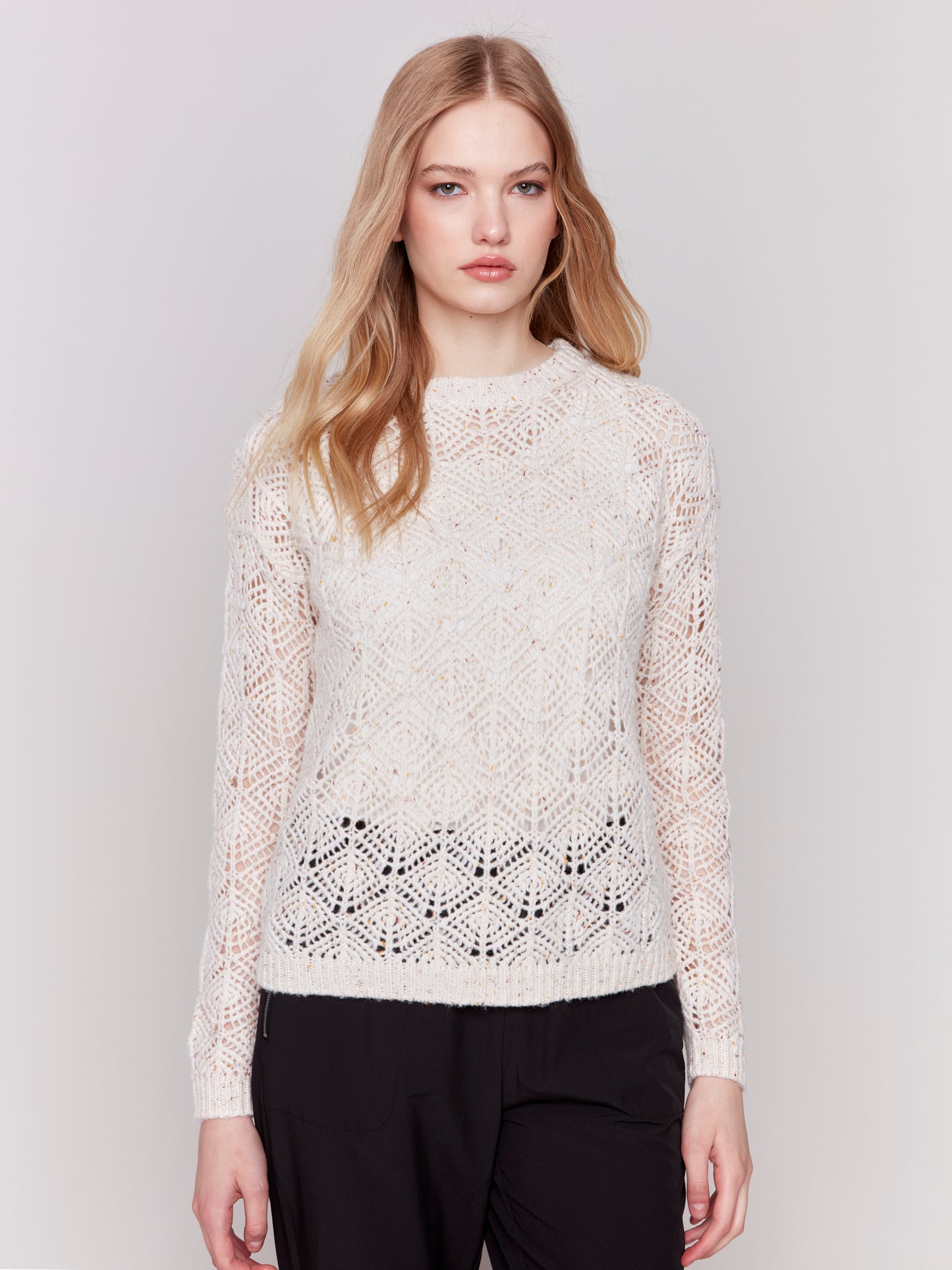 Charlie B Fall 2024-C2682-371-Crochet Knit Sweater-Oatmeal - The Coach Pyramids