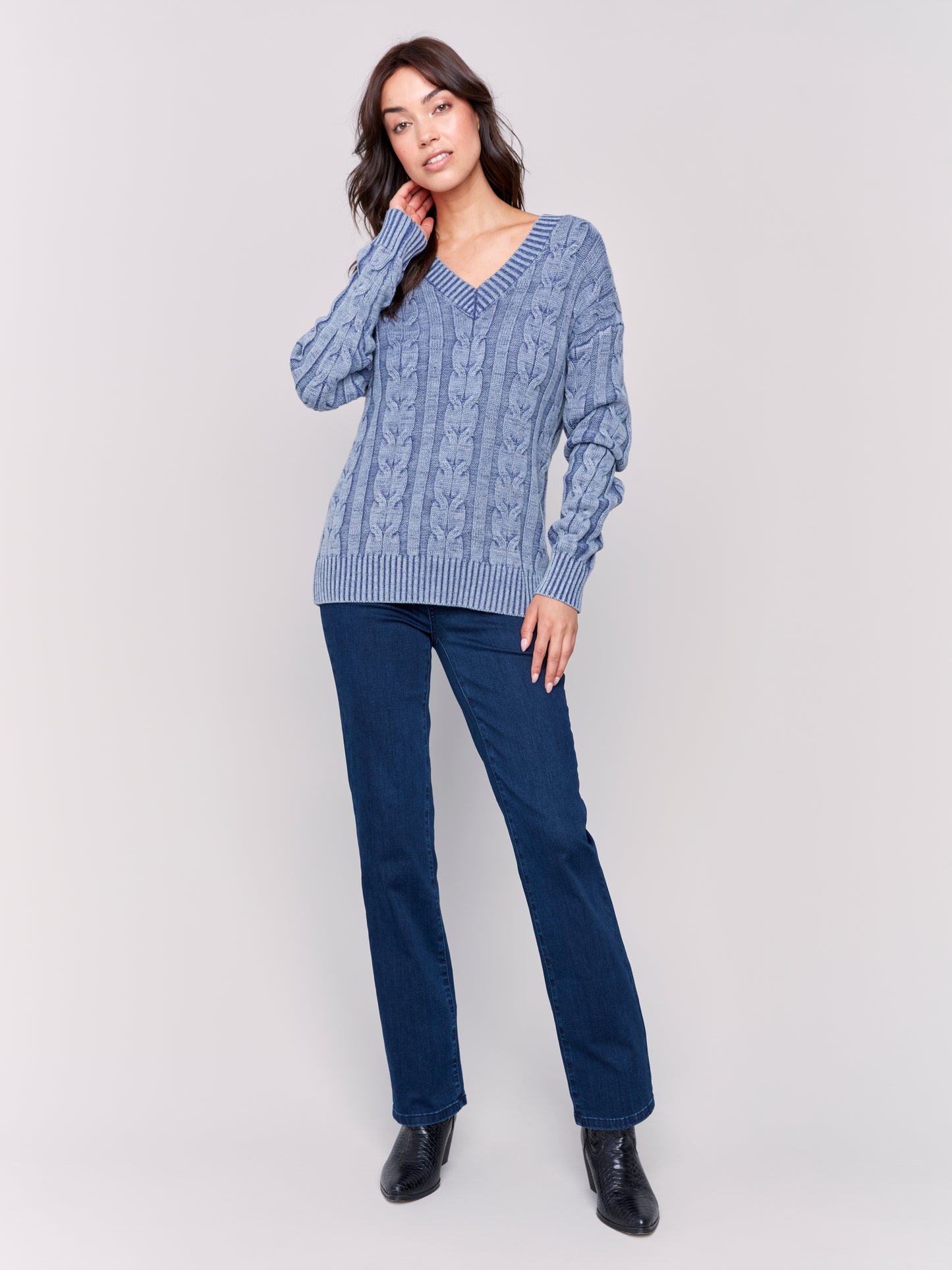 Charlie B Fall 2024-C2691-006-Cold Dye Sweater-Denim - The Coach Pyramids